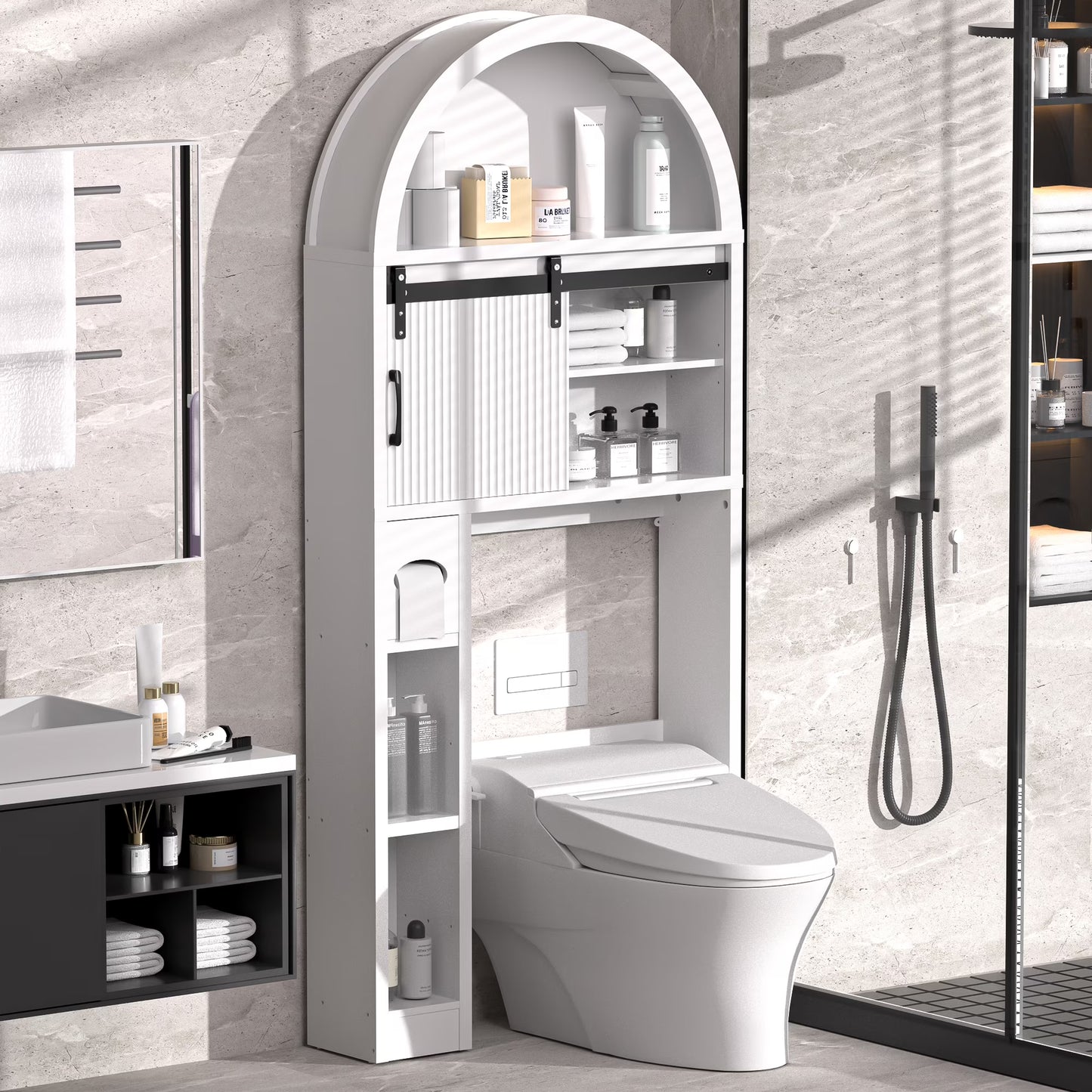 HARIPUL Over The Toilet Storage Cabinet w/ Unique Wood Grain & Arc Design, Freestanding Bathroom Shelf Organizer Space Saver w/ Doors & Anti-Tip Device, Wood Color