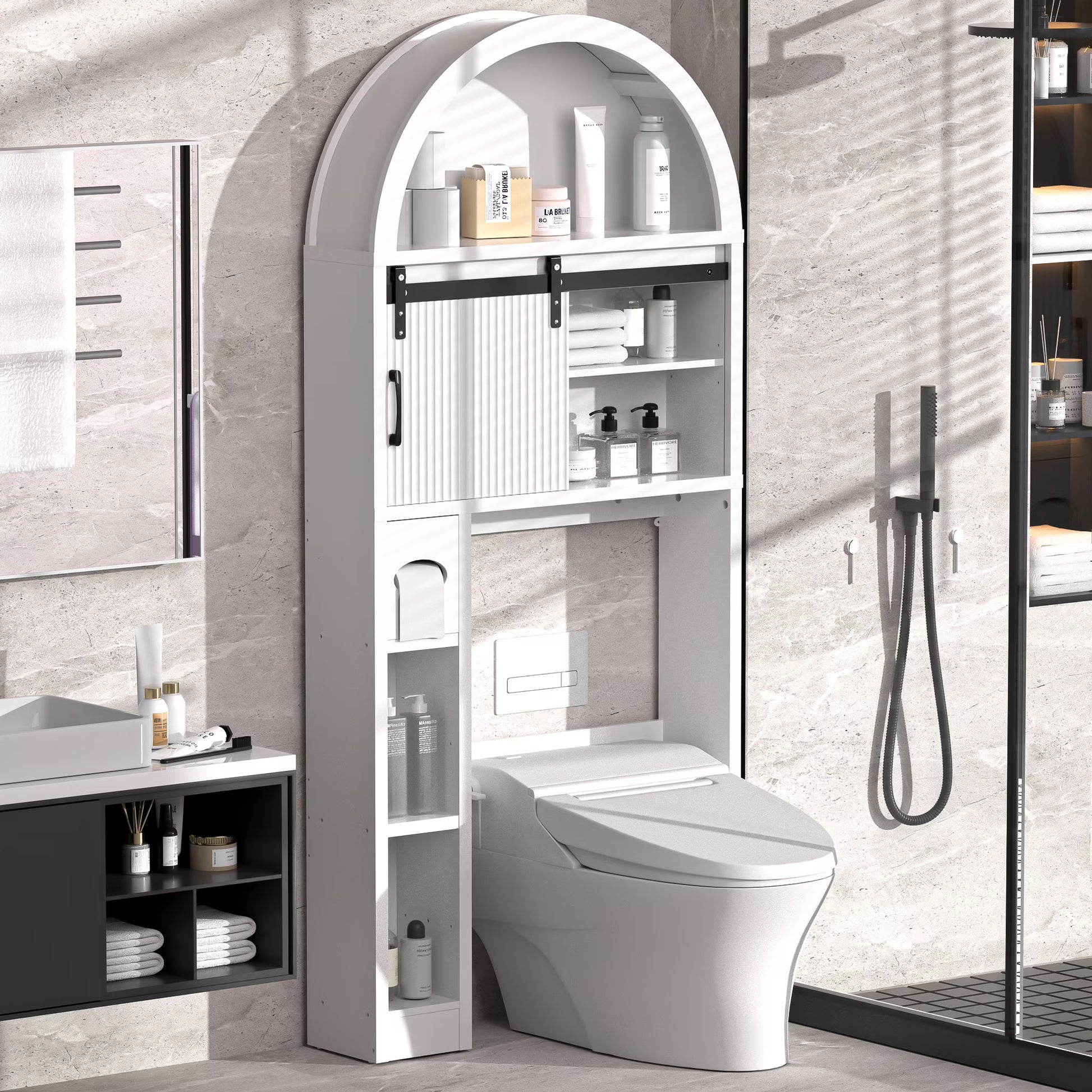 HARIPUL Over The Toilet Storage Cabinet w/ Unique Wood Grain & Arc Design, Freestanding Bathroom Shelf Organizer Space Saver w/ Doors & Anti-Tip Device, Wood Color