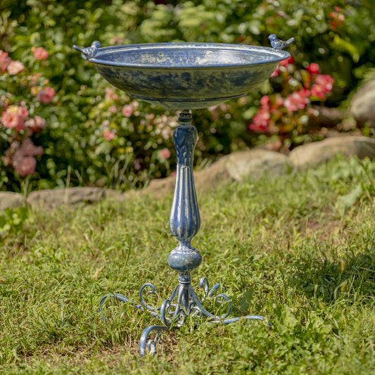 Zaer Ltd. Ornate Pedestal Style Birdbath with Cast Iron Birds on Rim (Blue)