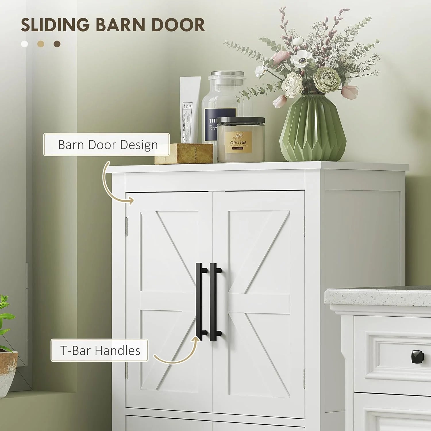 ZIRAV Farmhouse Bathroom Storage Cabinet with 4 Barn Doors, Bathroom Floor Cabinet with 2 Adjustable Shelf, Freestanding Storage Cupboard, White