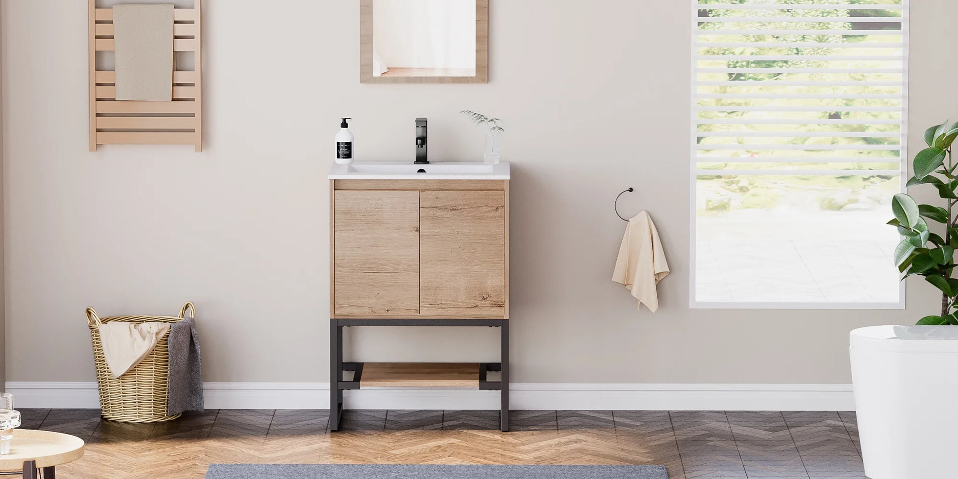 Eclife 24 Inch Freestanding Bathroom Vanity with Drop-In Sink Top, Water Efficient Faucet, Fast Drain, Overflow with Tiny Backsplash