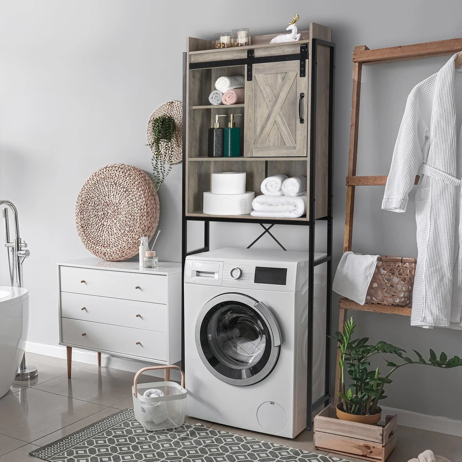 Zimtown Retro Style Over the Toilet Bathroom Storage Space Saver with Cabinet and Open Shelf, Retro Gray