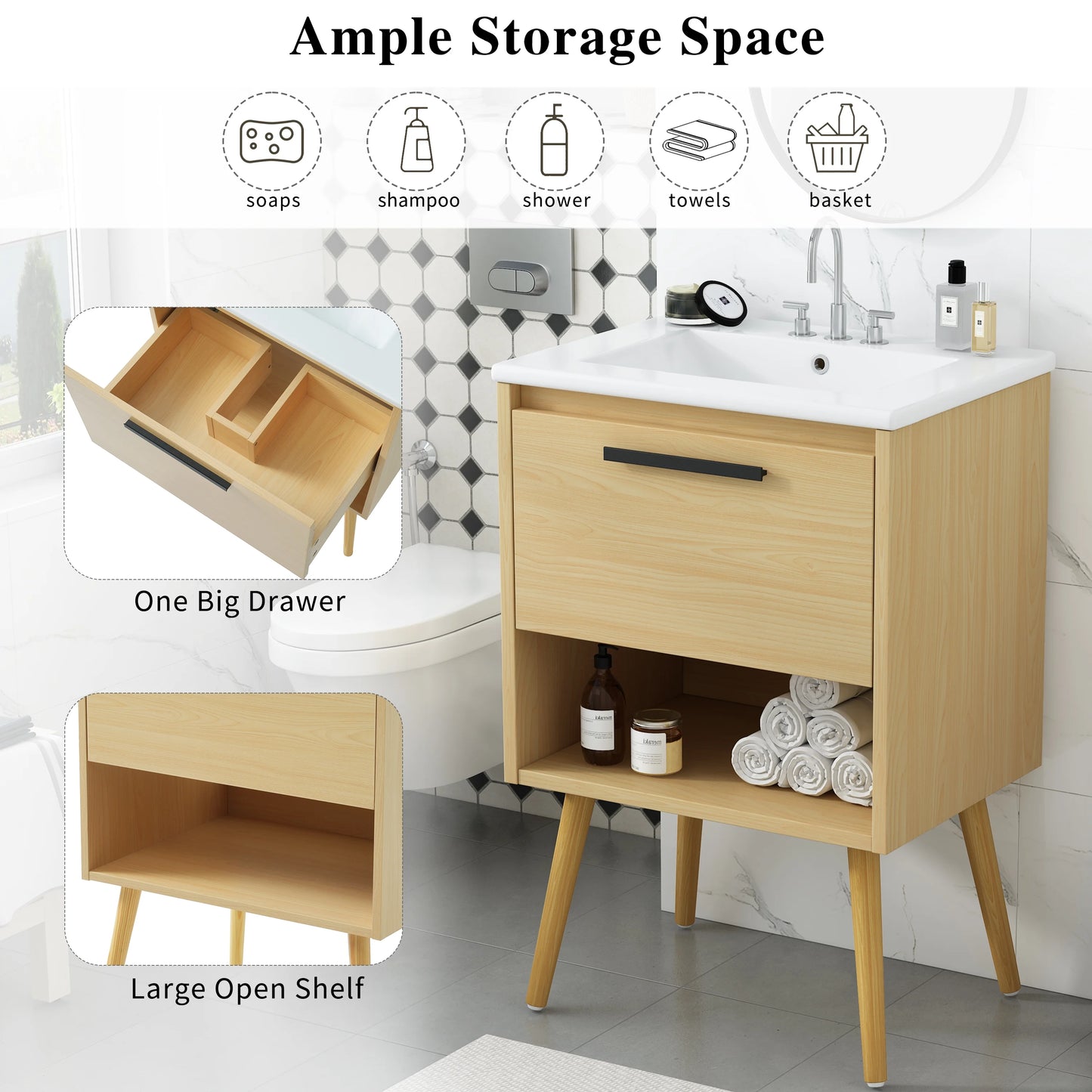 Harper & Bright Designs 24" Bathroom Vanity with Sink Set, Bathroom Vanity Cabinet with Ceramic Top and Drawer, Natural