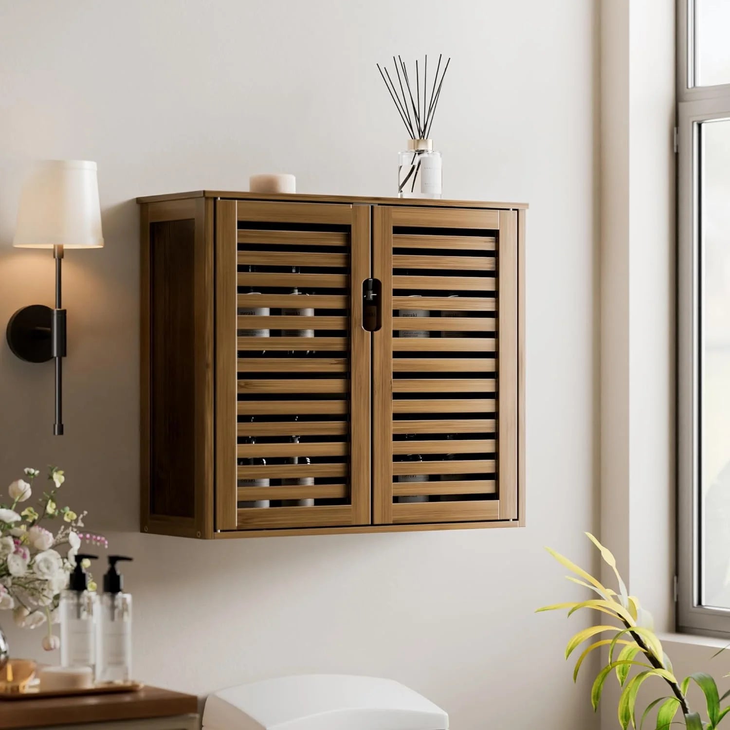 Medicine Cabinet, Bathroom Storage Cabinet Wall Mounted, Over The Toilet Space Saver Organizer with Doors and Bamboo Shelves, Walnut