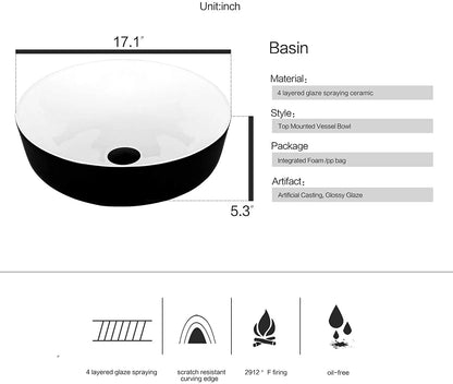 ELECWISH Black and White Ceramic Square Bathroom Sink Vessel Sink with Black Faucet and Pop up drain Combo, Round