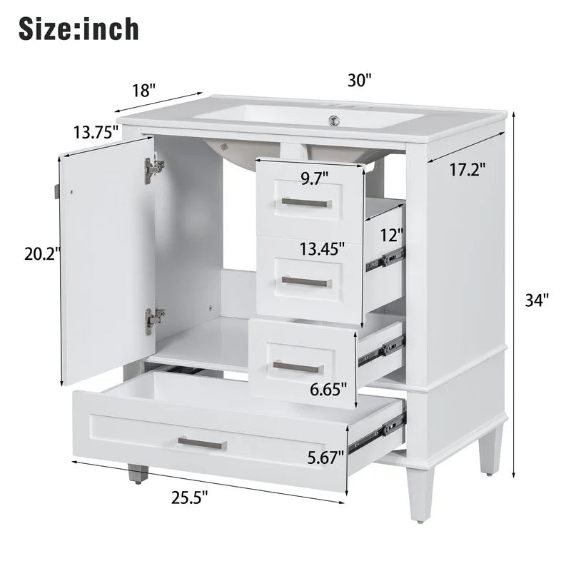 Bellemave 30" Bathroom Vanity with Sink, Cabinet with Sink Combo Set with Top, Bathroom Storage Cabinet with 3 Drawers and 1 Soft Closing Door, 30 Inch Vanity with Sink for Bathroom（White）