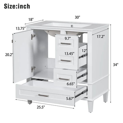 Bellemave 30" Bathroom Vanity with Sink, Cabinet with Sink Combo Set with Top, Bathroom Storage Cabinet with 3 Drawers and 1 Soft Closing Door, 30 Inch Vanity with Sink for Bathroom（White）