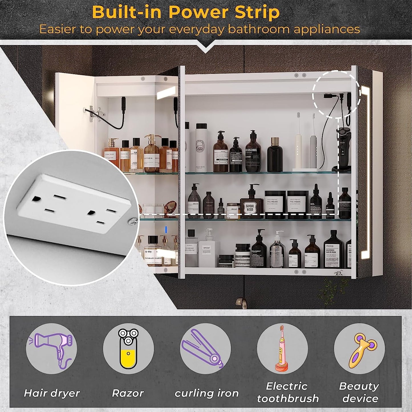 Lighted Medicine Cabinet with Mirror&LED Light for Bathroom,Wall Mounted Bathroom Mirror Cabinet with Storage and 2 Outlet and 3 Doors for Home, White, 39.4" x 23.6"