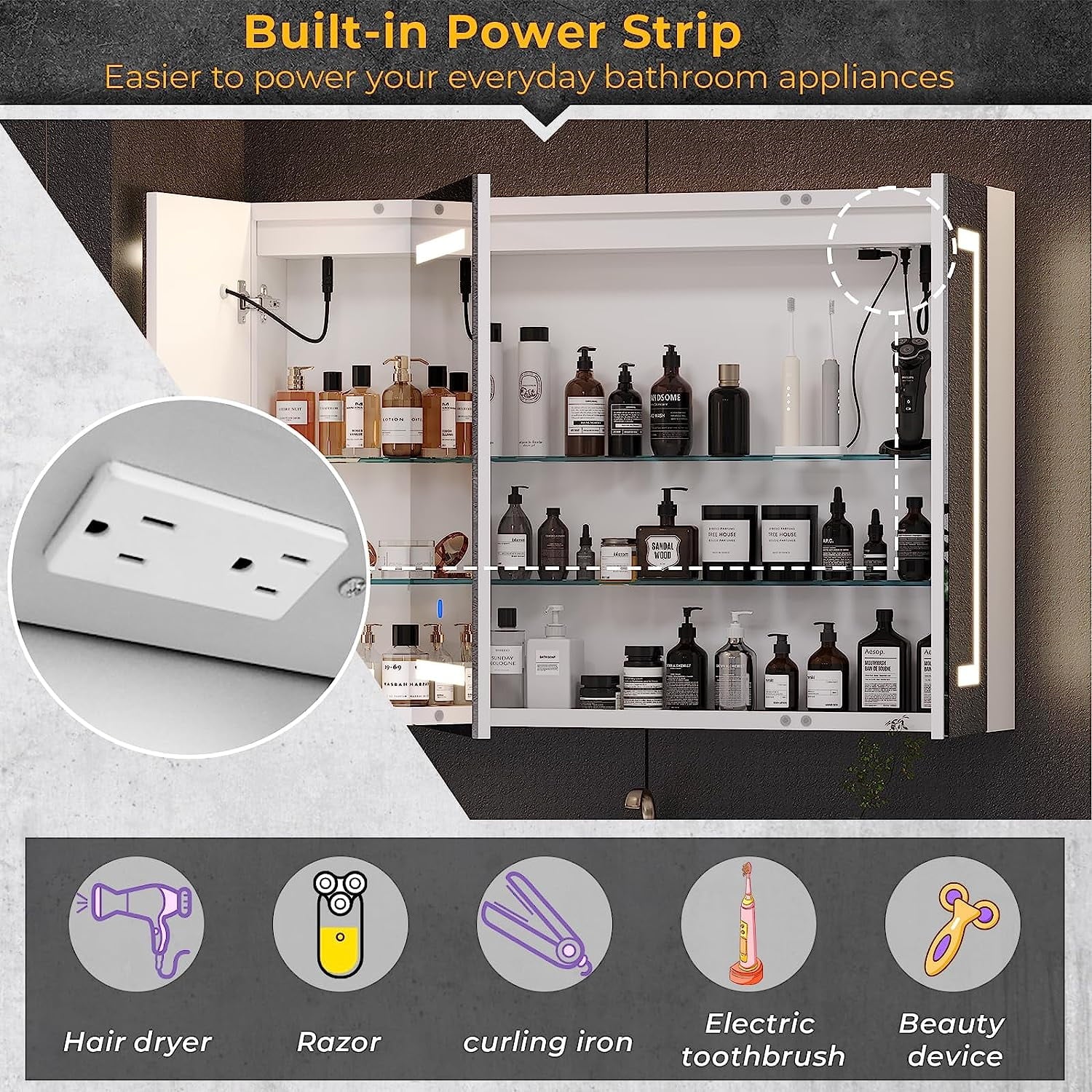 Lighted Medicine Cabinet with Mirror&LED Light for Bathroom,Wall Mounted Bathroom Mirror Cabinet with Storage and 2 Outlet and 3 Doors for Home, White, 39.4" x 23.6"