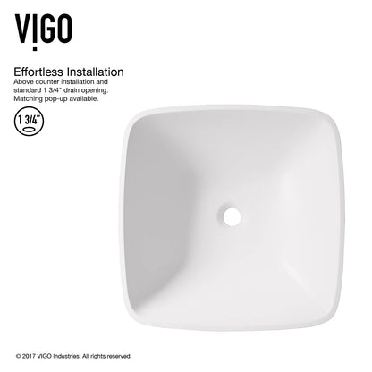 VIGO Hyacinth Modern White Matte Stone 14 in. L x 14 in. W x 4 in. H Square Vessel Bathroom Sink