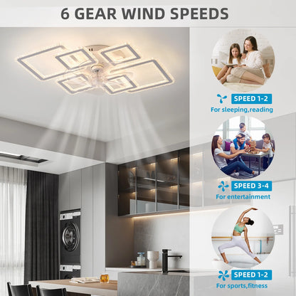 33inch Modern LED Ceiling Fan Light with Remote, Dimmable 6-Ring Square Flush Mount Lighting Fixture for Bedroom, Living Room, Kitchen, Bathroom, Balcony