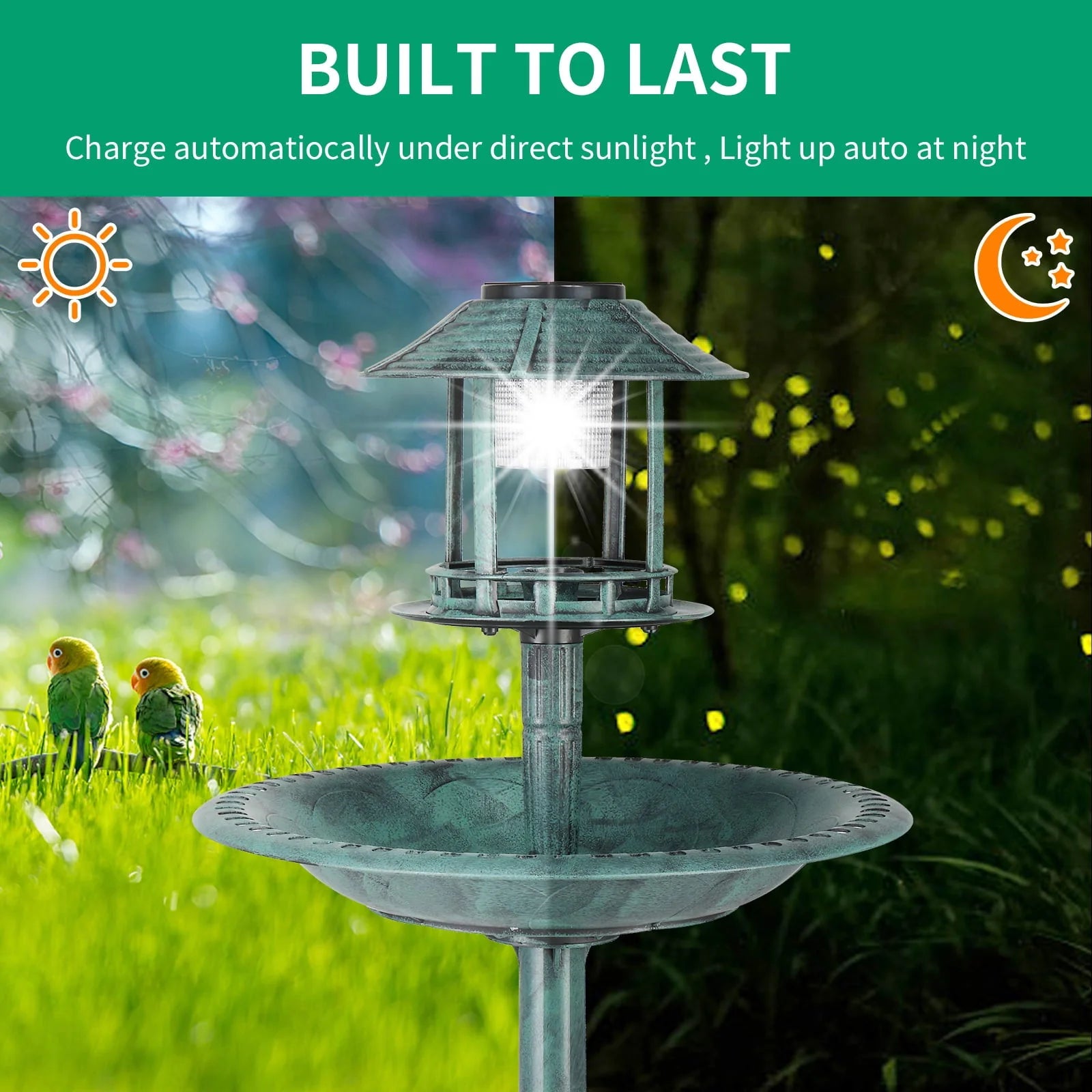 SamyoHome Wild Bird Bath Resin Pedestal Birdbaths with Solar Light Dark Green