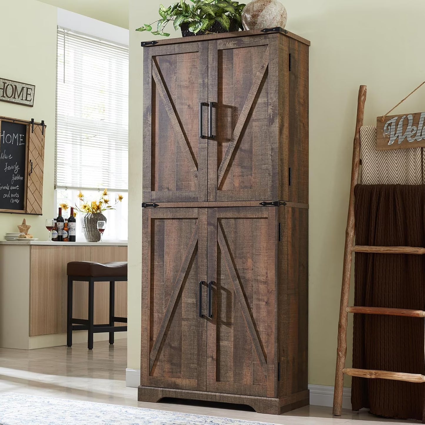 47" Kitchen Pantry, Farmhouse Storage Cabinet with Barn Doors, Organizer and Adjustable Shelves, Rustic Wood Cupboard for Kitchen, Dining Room, Bathroom and Hallway, Black