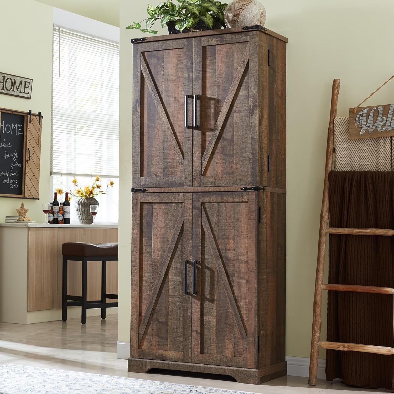 47" Kitchen Pantry, Farmhouse Storage Cabinet with Barn Doors, Organizer and Adjustable Shelves, Rustic Wood Cupboard for Kitchen, Dining Room, Bathroom and Hallway, Black