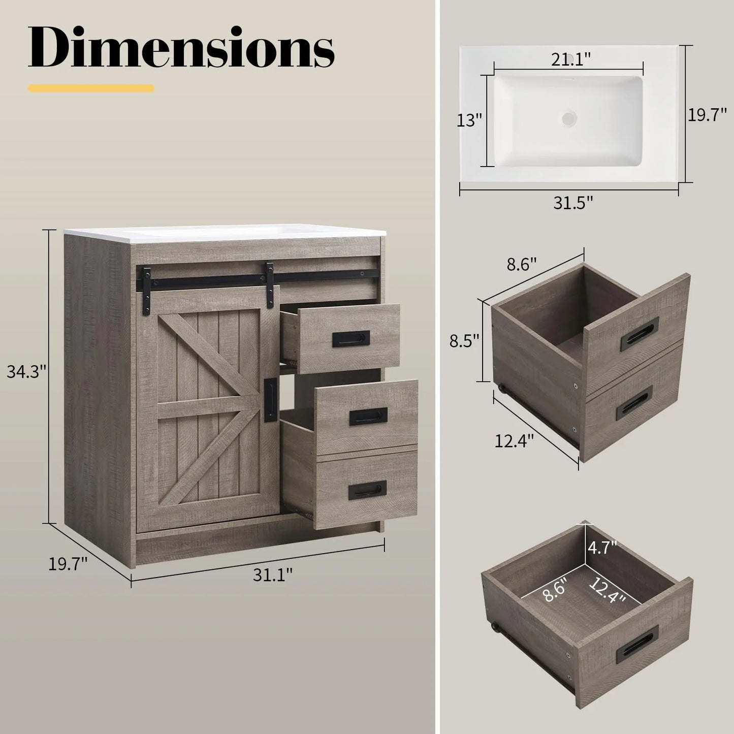 VANACC 31" Farmhouse Sliding Barn Door Bathroom Vanity with Sink Combo, Bathroom Cabinet with Drawers & Metal Handles, Freestanding, Distressed White