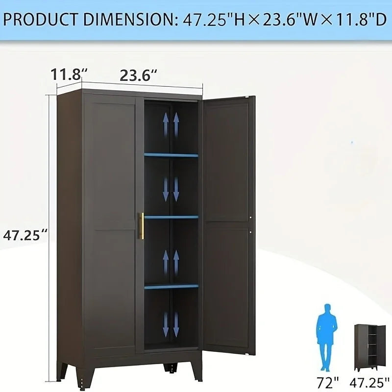 Modern Black Metal Storage Cabinet with Adjustable Feet - Freestanding Pantry Sideboard with 3 Shelves for Kitchen, Laundry, Bathroom, Living Room & Dining Area