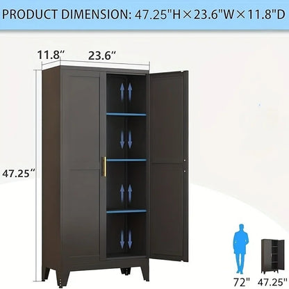 Modern Black Metal Storage Cabinet with Adjustable Feet - Freestanding Pantry Sideboard with 3 Shelves for Kitchen, Laundry, Bathroom, Living Room & Dining Area