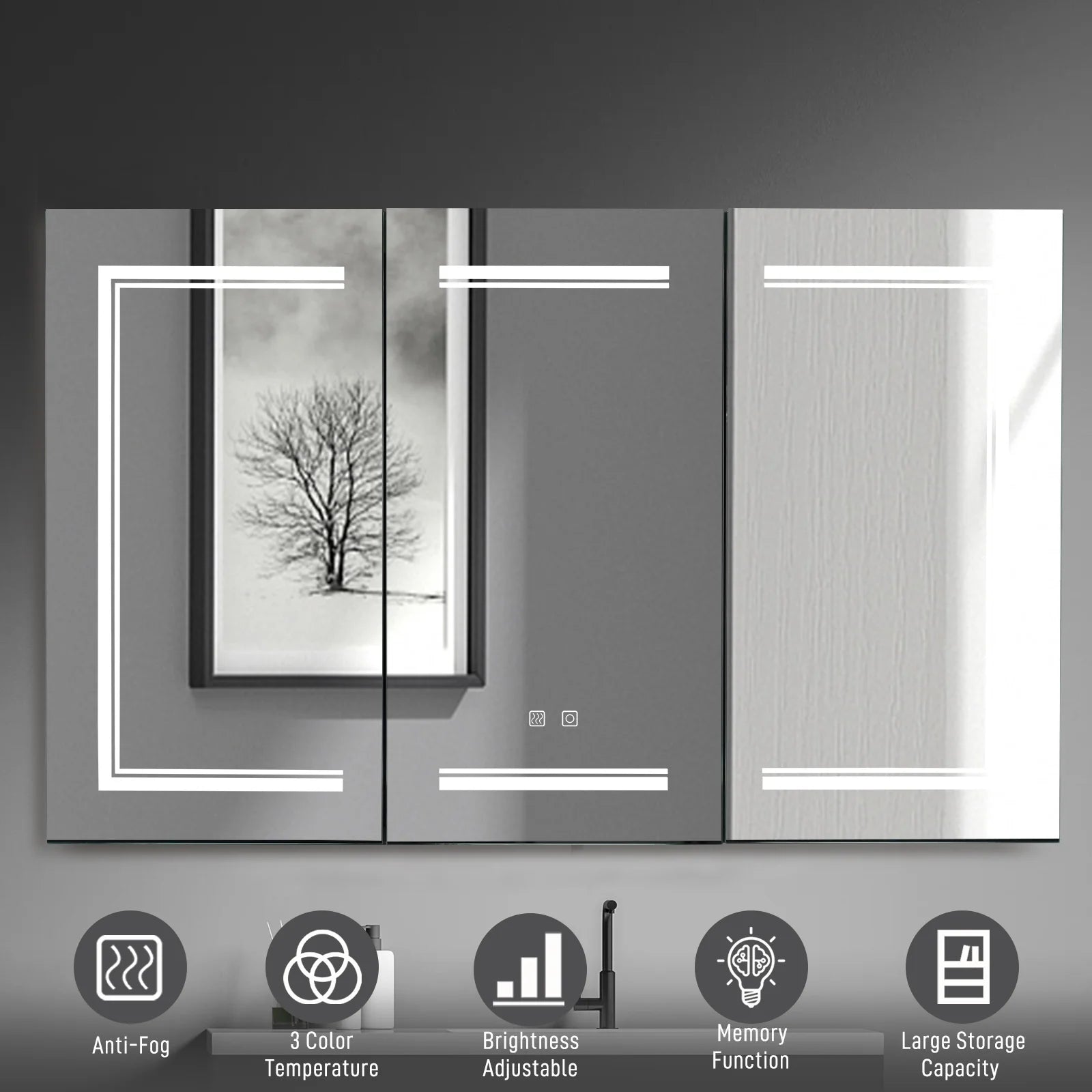 Ktaxon 48"x28" LED Bathroom Mirror Cabinet with Lights, Wall-Mounted Medicine w/ Defogger, Dimmable, Memory function, Outlets & USB, White