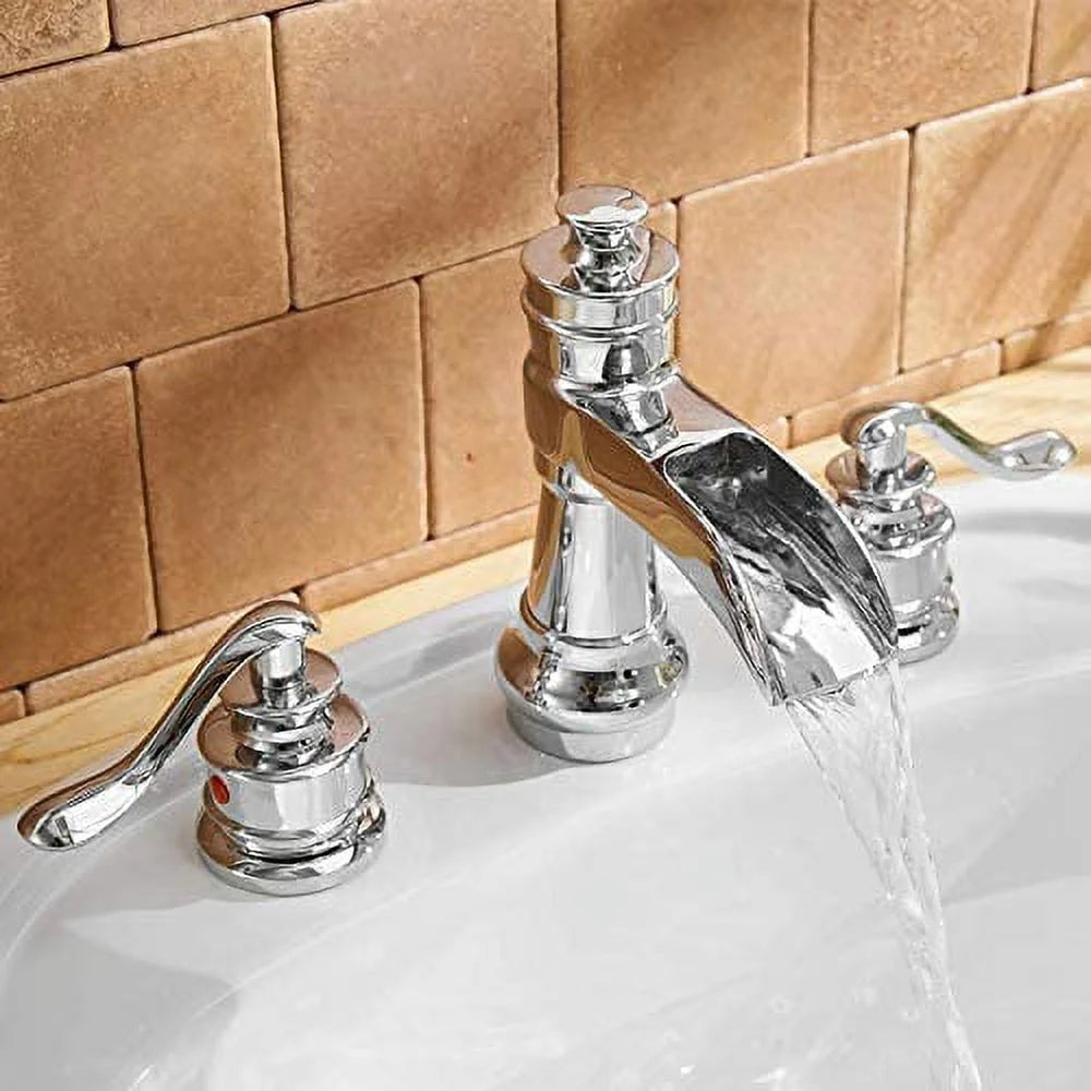 BWE 8 Inch Widespread Bathroom Faucet with Pop Up Drain with Overflow and Supply Line Waterfall 3 Holes Two-Handle Sink Faucets Lead-free Polished Chrome Lavatory Mixer Tap