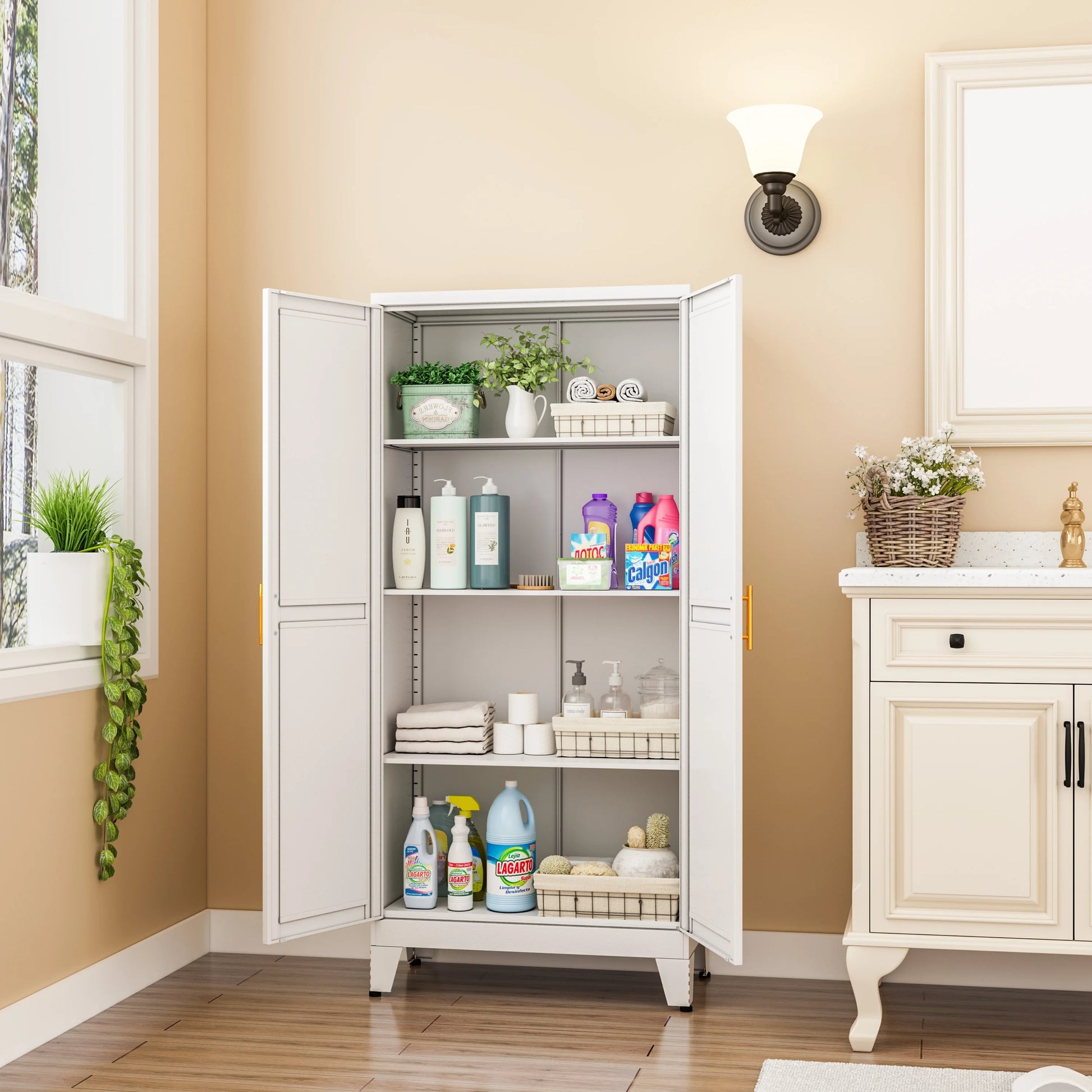 Modern Black Metal Storage Cabinet with Adjustable Feet - Freestanding Pantry Sideboard with 3 Shelves for Kitchen, Laundry, Bathroom, Living Room & Dining Area