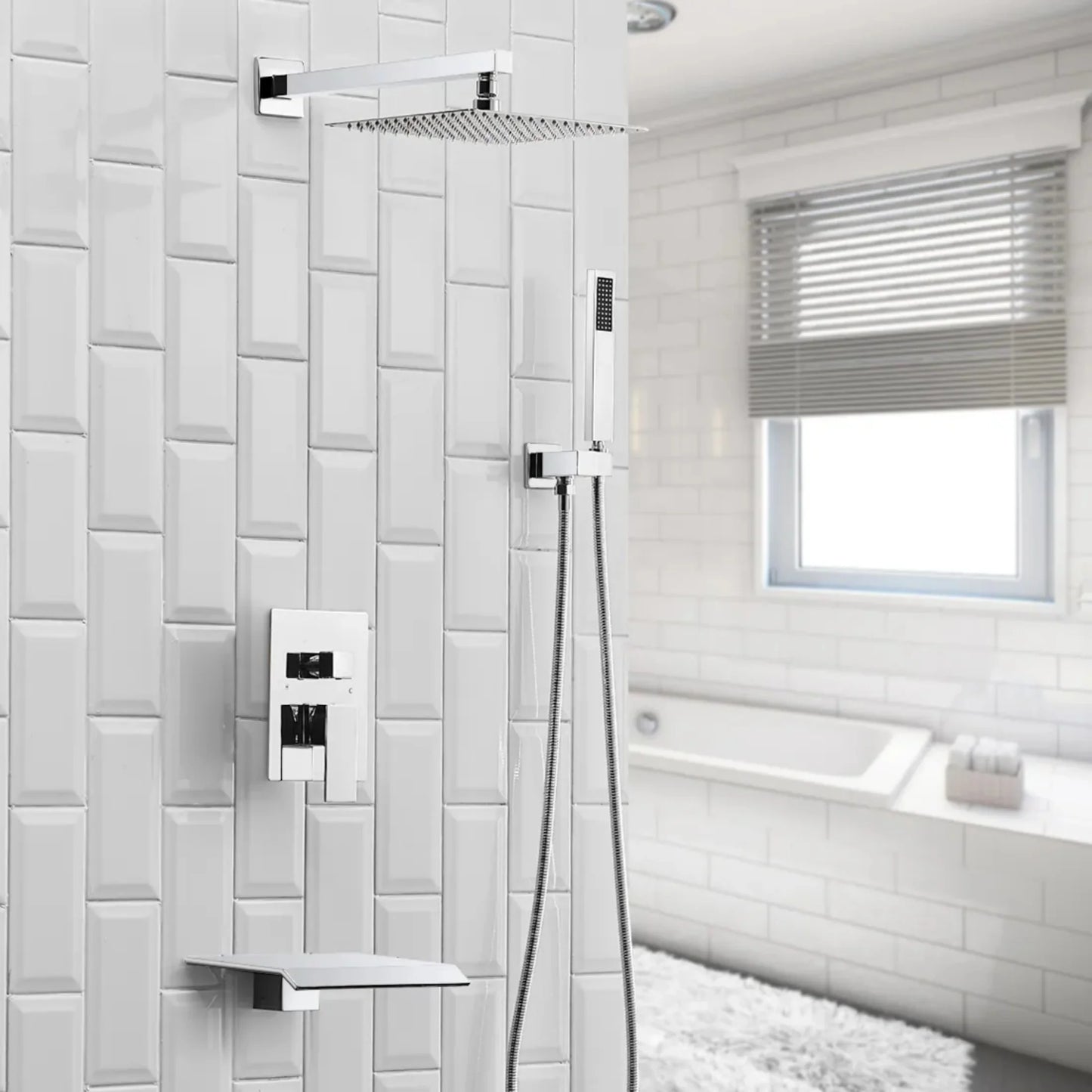 BWE Dual Shower Head Combo,12-inch High Pressure Rain Shower & Handheld Spray, with 59" Hose, 3-Way Diverter & Bathtub Spout Valve, Polished Chrome