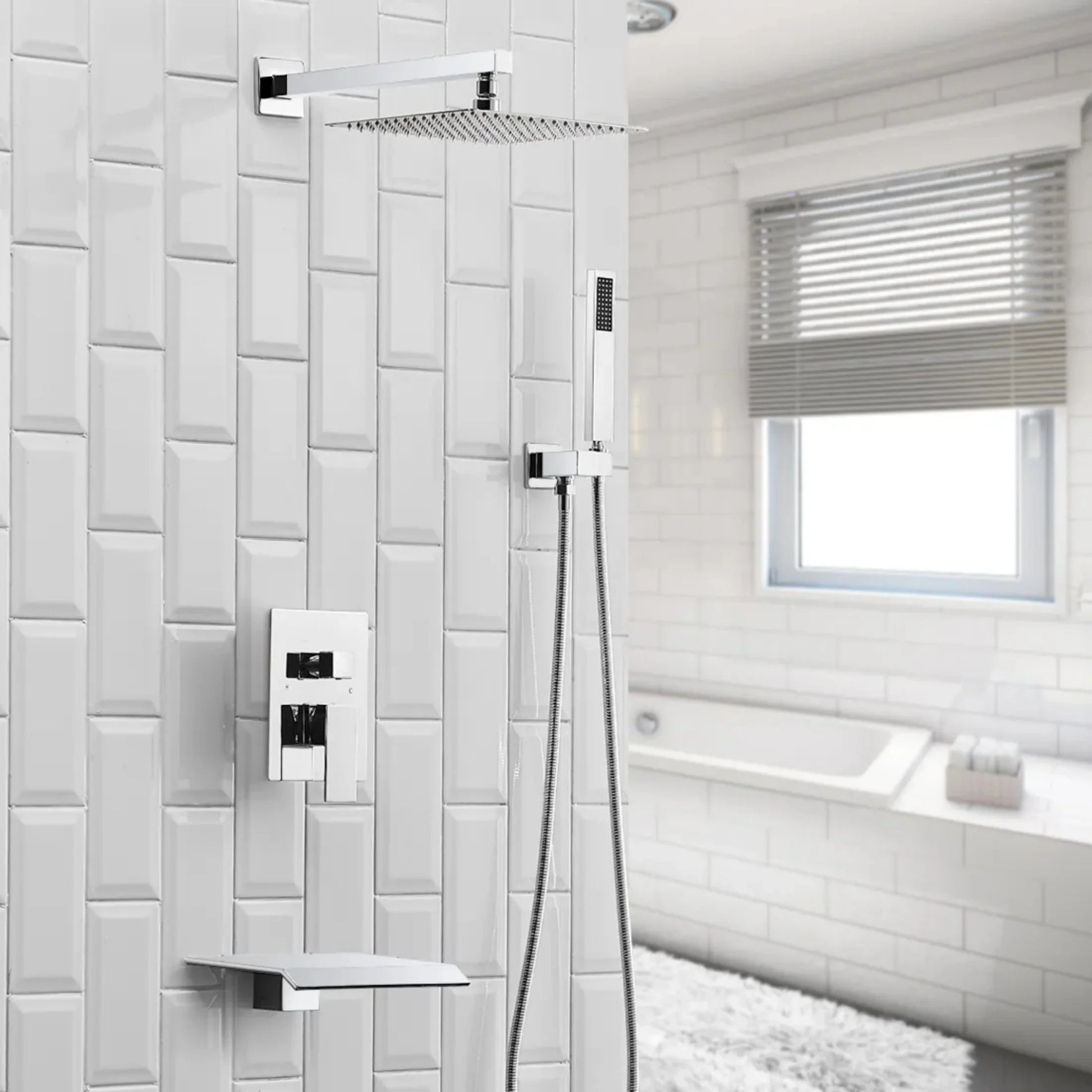 BWE Dual Shower Head Combo,12-inch High Pressure Rain Shower & Handheld Spray, with 59" Hose, 3-Way Diverter & Bathtub Spout Valve, Polished Chrome