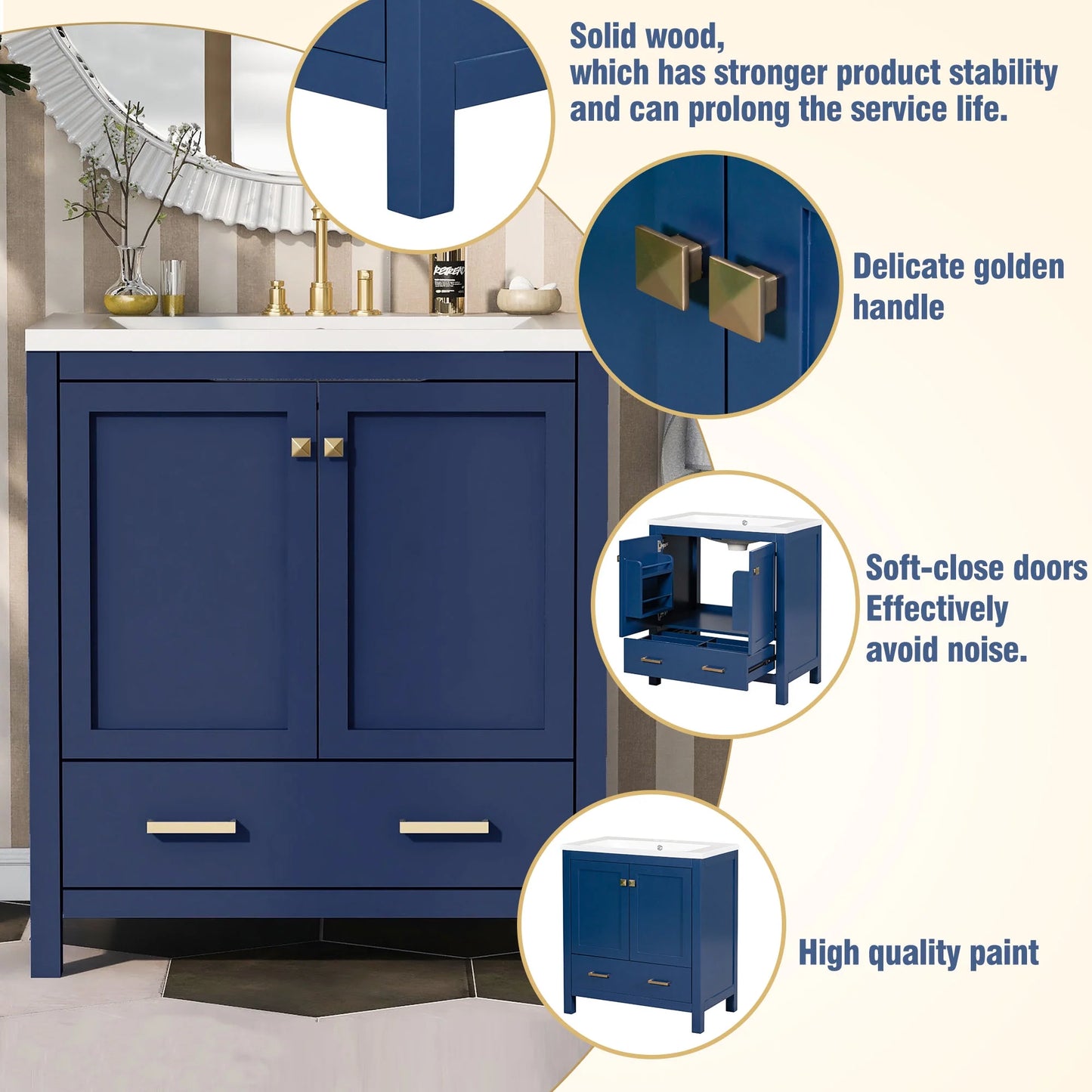 Harper & Bright Designs 30" White Bathroom Vanity with Single Sink, Bathroom Combo Cabinet Undermount Sink with 2 Doors and a Drawer, Soft Closing, Multifunctional Storage, Solid Wood Frame