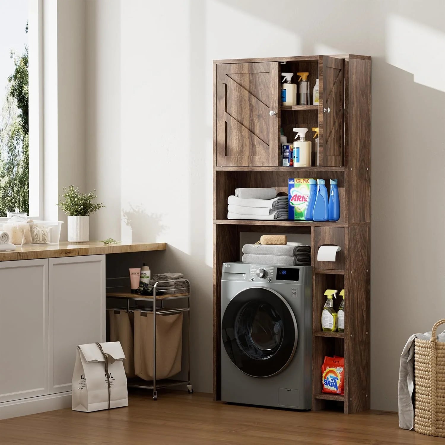 Over The Toilet Storage Cabinet, Farmhouse Storage Cabinet Over Toilet with Toilet Paper Holder Stand, Freestanding Bathroom Storage Organizer Space Saver W/Adjustable Shelf, Walnut