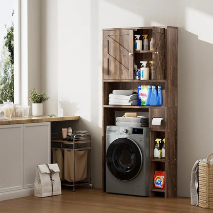 Over The Toilet Storage Cabinet, Farmhouse Storage Cabinet Over Toilet with Toilet Paper Holder Stand, Freestanding Bathroom Storage Organizer Space Saver W/Adjustable Shelf, Walnut