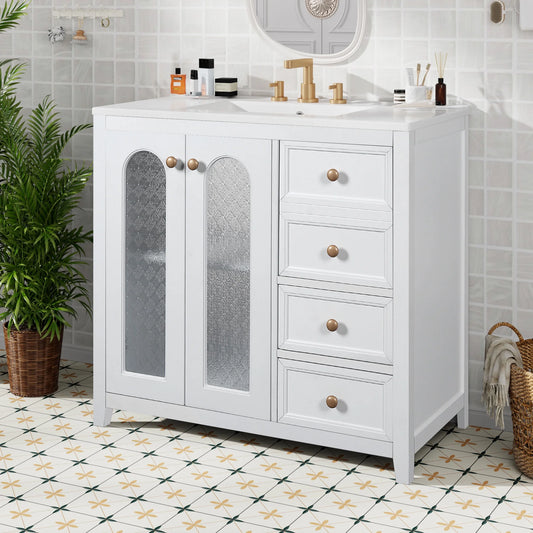 36-Inch Single Bathroom Vanity with Ceramic Top, 2 Glass Doors, Adjustable Shelves and Three Drawers