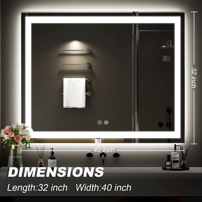 JSneijder 40x32 inch LED Bathroom Mirror, Wall Mounted Frameless Lighted Bathroom Mirror, Dimmable, Anti-Fog, Horizontal/Vertical