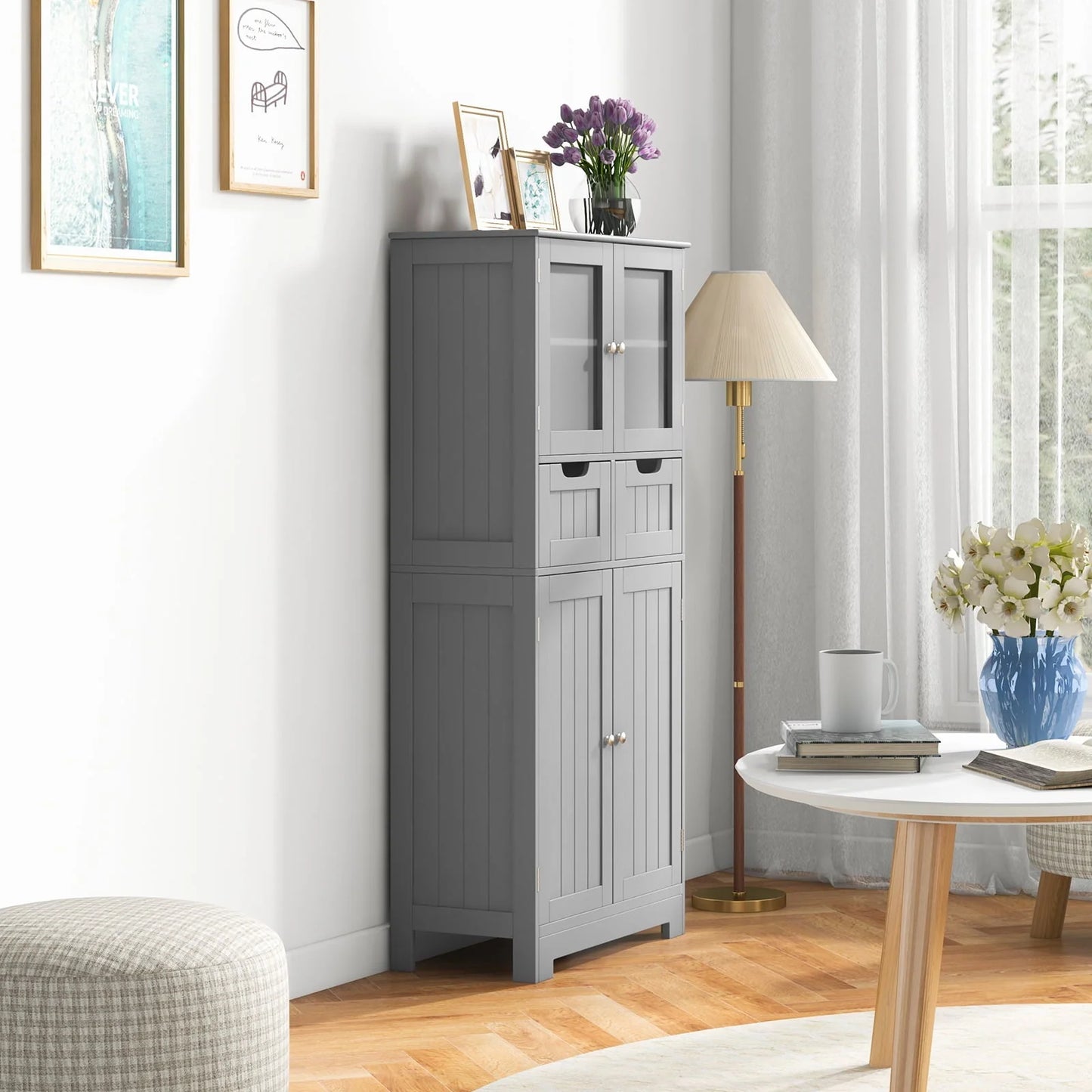 Topbuy Tall Bathroom Storage Cabinet Freestanding Floor Cabinet w/2 Double Door Cabinet& 2 Drawers 3-position Adjustable Shelves