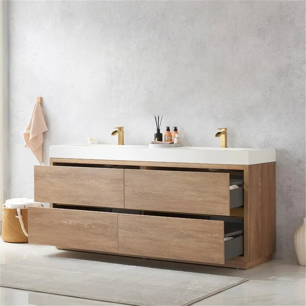 Huesca 72" Double Sink Bathroom Vanity Natural Oak Wood White Top No Mirror