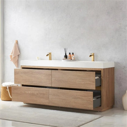 Huesca 72" Double Sink Bathroom Vanity Natural Oak Wood White Top No Mirror
