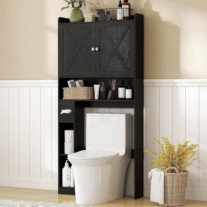 ZIRAV Over The Toilet Storage Cabinet, Farmhouse Above Toilet Bathroom Organizer with Barn Doors, Adjustable Shelf, Toilet Paper Holder, Freestanding Space Saver for Laundry, Distressed White