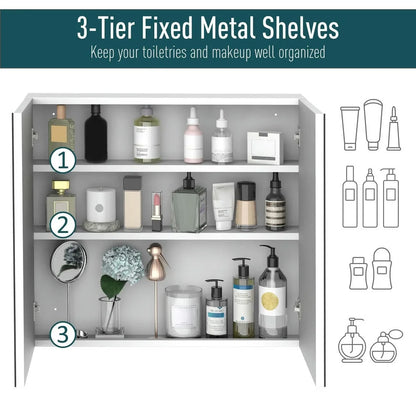 Topcobe Bathroom Mirrored Cabinet, 24"x22" Steel Frame Medicine Cabinet, Wall-Mounted Storage Organizer with Double Doors, Modern Furniture for Bathroom, White