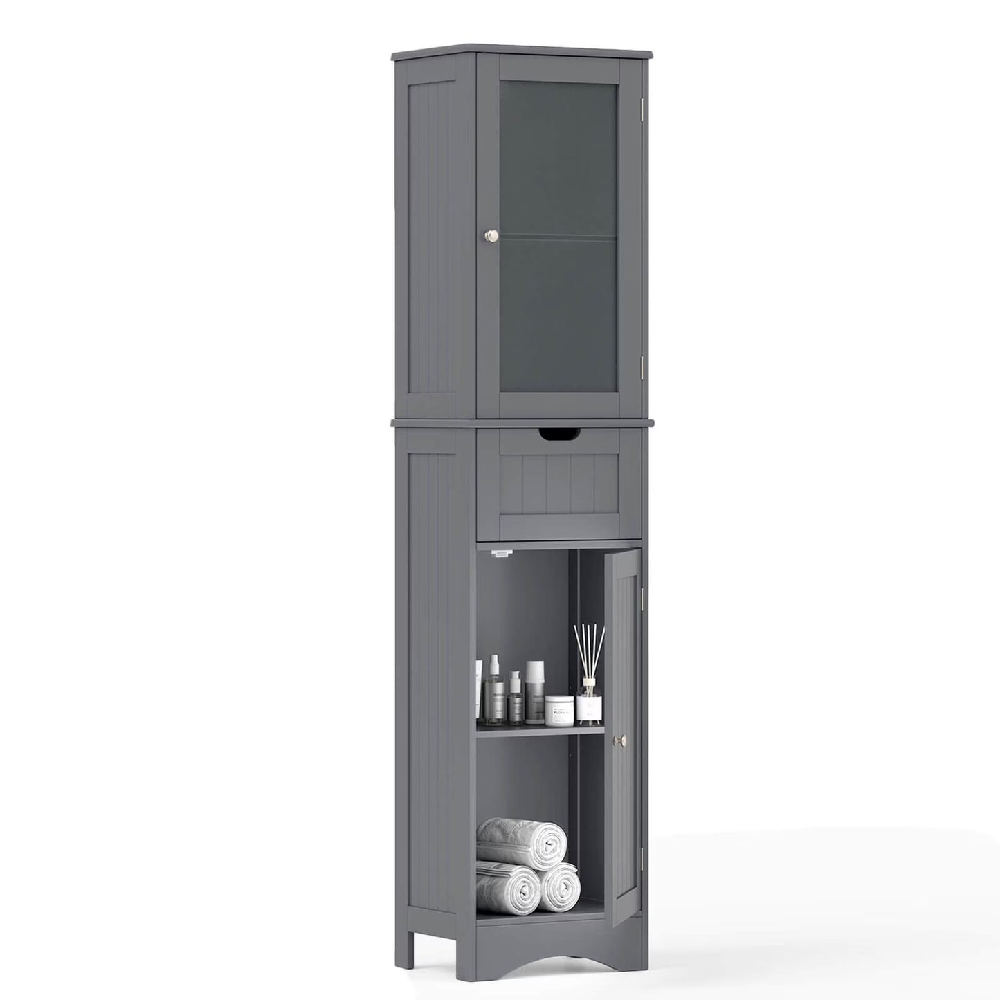 Costway Tall Bathroom Cabinet with Adjustable Shelves Deep Drawer for Living Room Black
