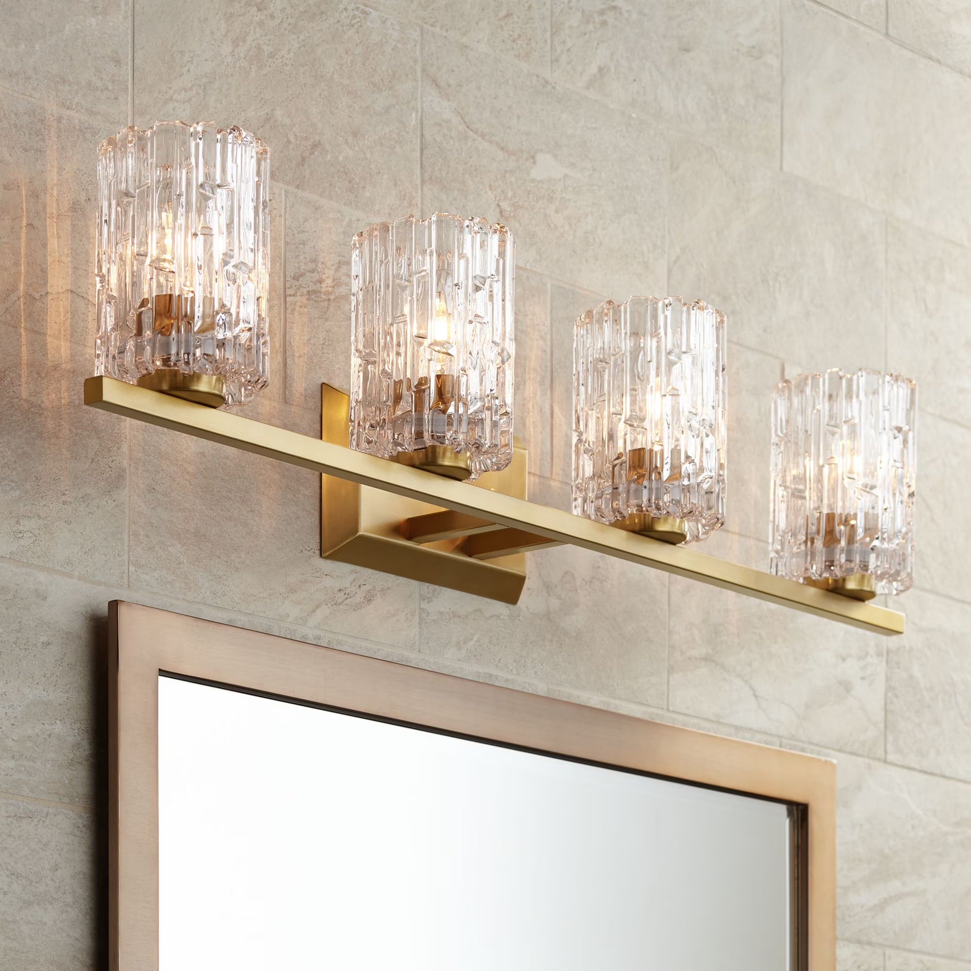 Possini Euro Design Icelight Modern Wall Light Warm Brass Hardwire 36" 4-Light Fixture Textured Ice Glass for Bedroom Bathroom Vanity Living Room