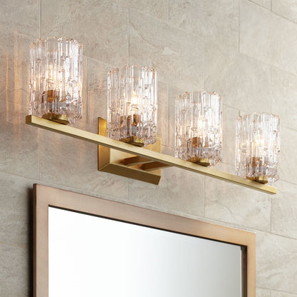 Possini Euro Design Icelight Modern Wall Light Warm Brass Hardwire 36" 4-Light Fixture Textured Ice Glass for Bedroom Bathroom Vanity Living Room