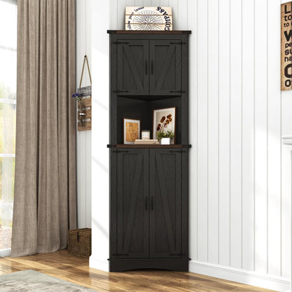 ChVans Farmhouse 68" Tall Corner Cabinet w/4 Barn Doors, 5 Tier Bookcase Storage Cabinet with Adjustable Shelves, Corner Storage Cabinet for Bathroom,Living Room,Kitchen, White-Brown