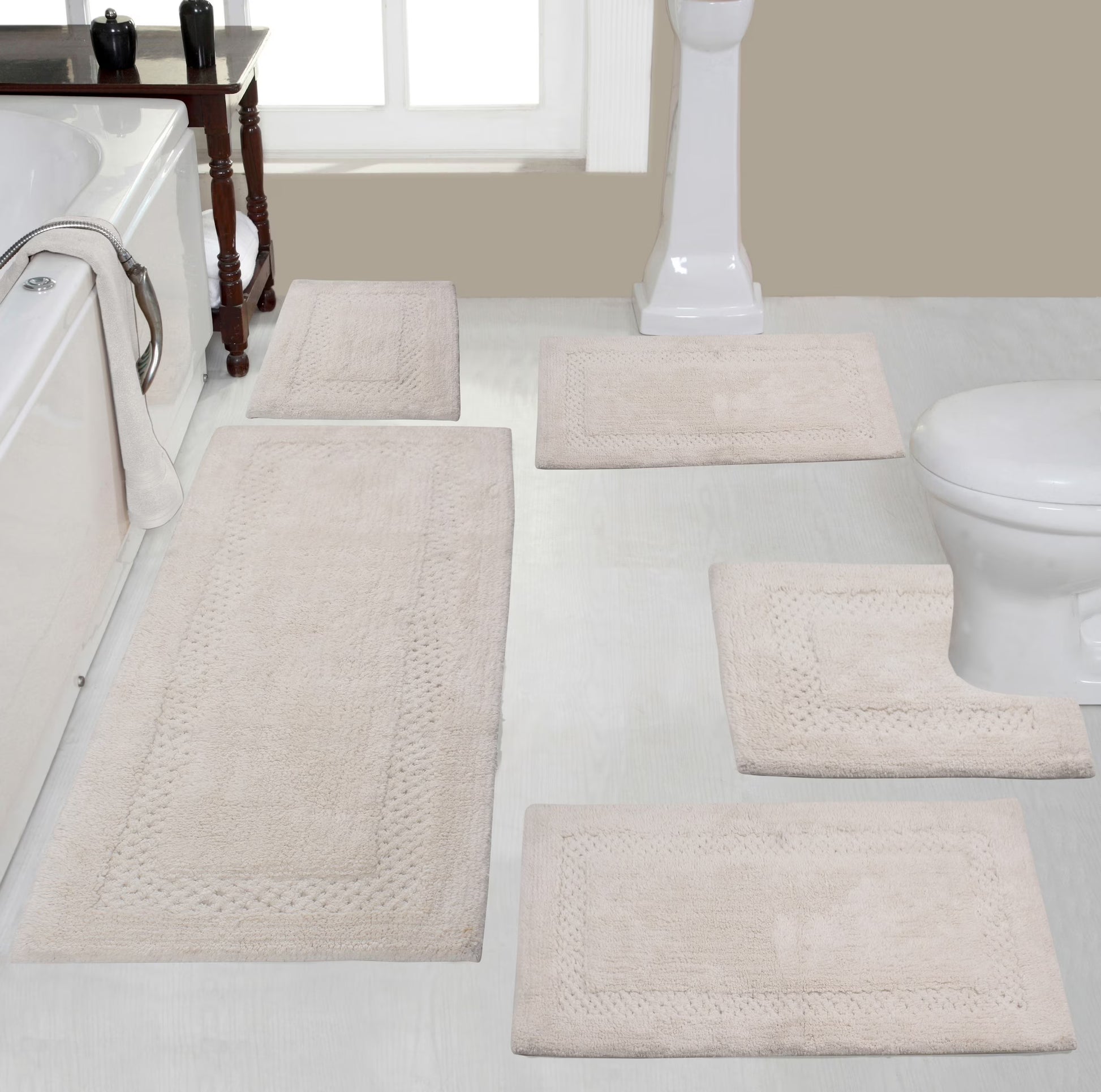 Home Weavers Inc Classy Bathmat Collection 100% Cotton Non-Slip Bathroom Rug Set, Machine Washable Bath Rug, 5 Piece Bath Mat Set with Contour Ivory