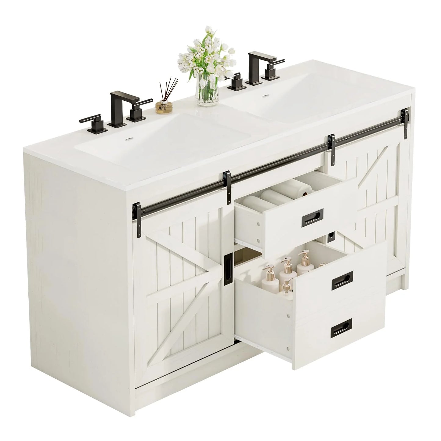 Merluxy 61" Farmhouse Double Bathroom Vanity with Sink Combo, Dual Basin Bathroom Storage Cabinet, Large Double Bath Vanity Sink Set, Rustic White