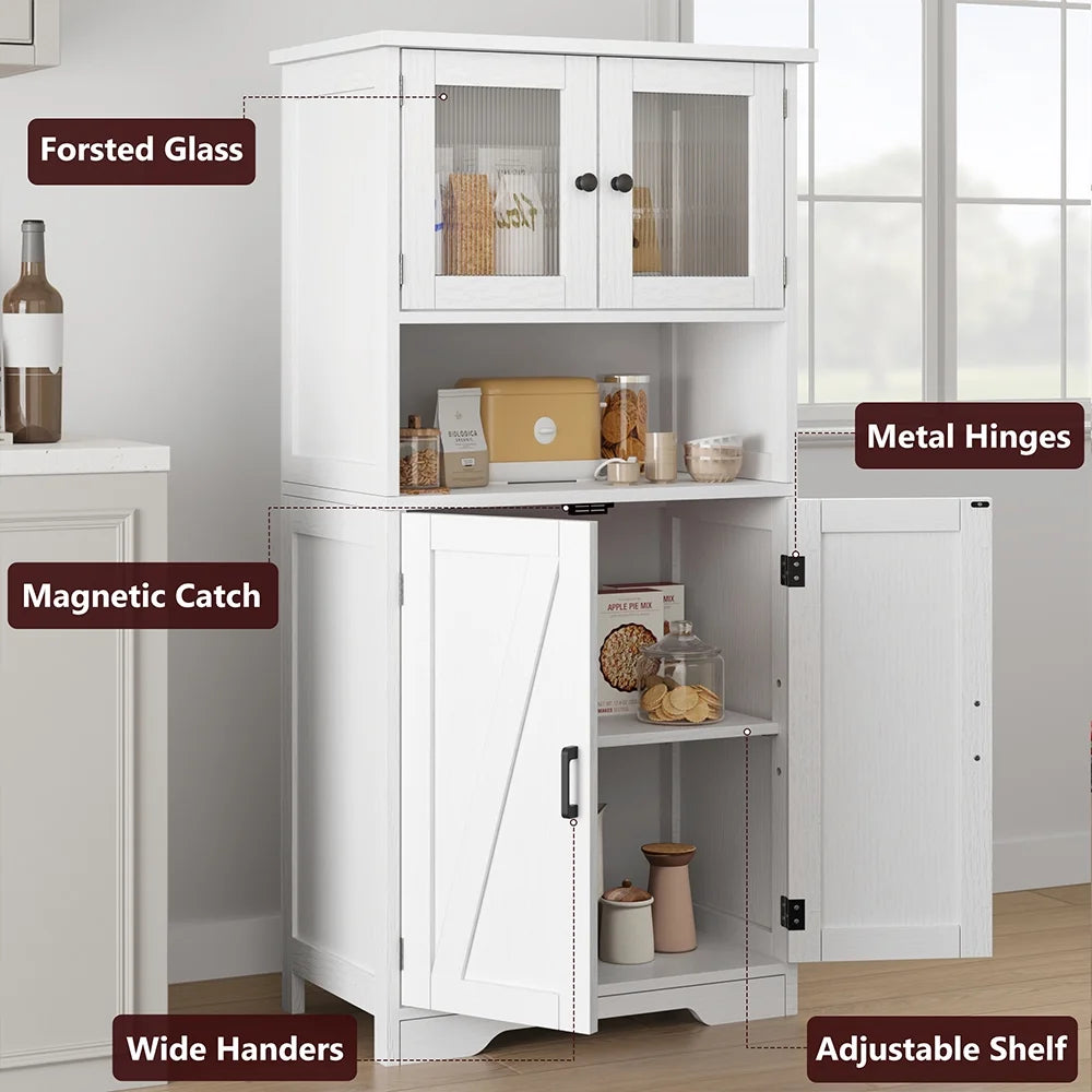 WhizMax Storage Cabinet with Glass Doors and Adjustable Shelves, Bathroom Cabinet, Freestanding Kitchen Pantry Cabinet for Living Room, Dining Room,White