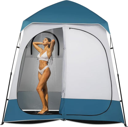 PINDEE Oversize 2 Rooms Shower Tent, 7.5 FT Outdoor Pop up Changing Room, Instant Extra Wide Privacy Shelter for Camping Dressing Toilet Bathroom with Carry Bag, Blue & White