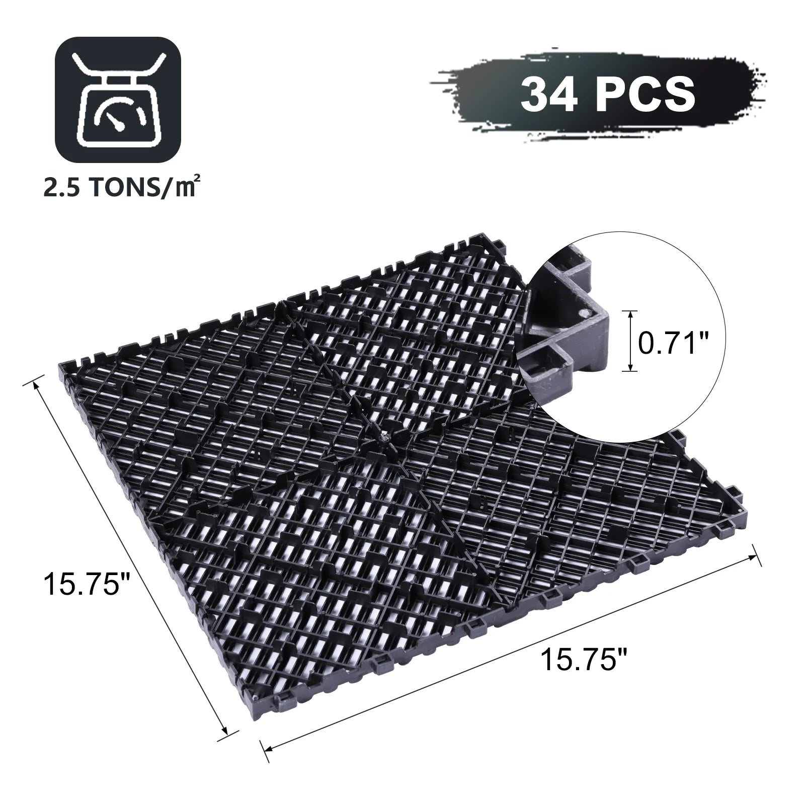 0.71IN Thrick Garage Tiles Interlocking 15.8x15.8in 34PCS Large Drainage Tiles Flooring Cover for Pool Shower Bathroom Deck Patio Outdoor, Black