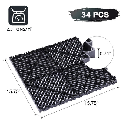 0.71IN Thrick Garage Tiles Interlocking 15.8x15.8in 34PCS Large Drainage Tiles Flooring Cover for Pool Shower Bathroom Deck Patio Outdoor, Black