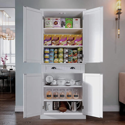 HLR 72 inches Kitchen Pantry Storage Cabinet, Pantry Cabinets with Drawer and Adjustable Shelves, Kitchen Pantry for Bathroom, Livingroom, Dining Room, White