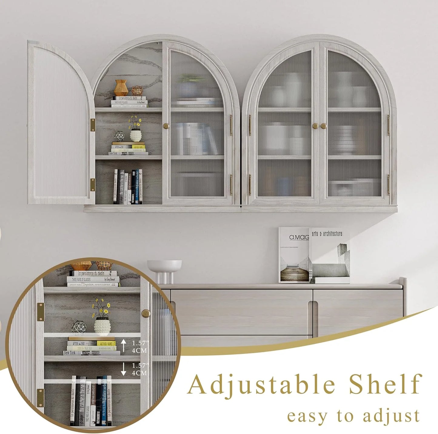 ANHDAH Arched Wall Cabinet Over Toilet, 2-Door Modern Medicine Storage with 2 Shelves. Space-Saving Mounted Organizer for Bathroom Towels & Cosmetics.
