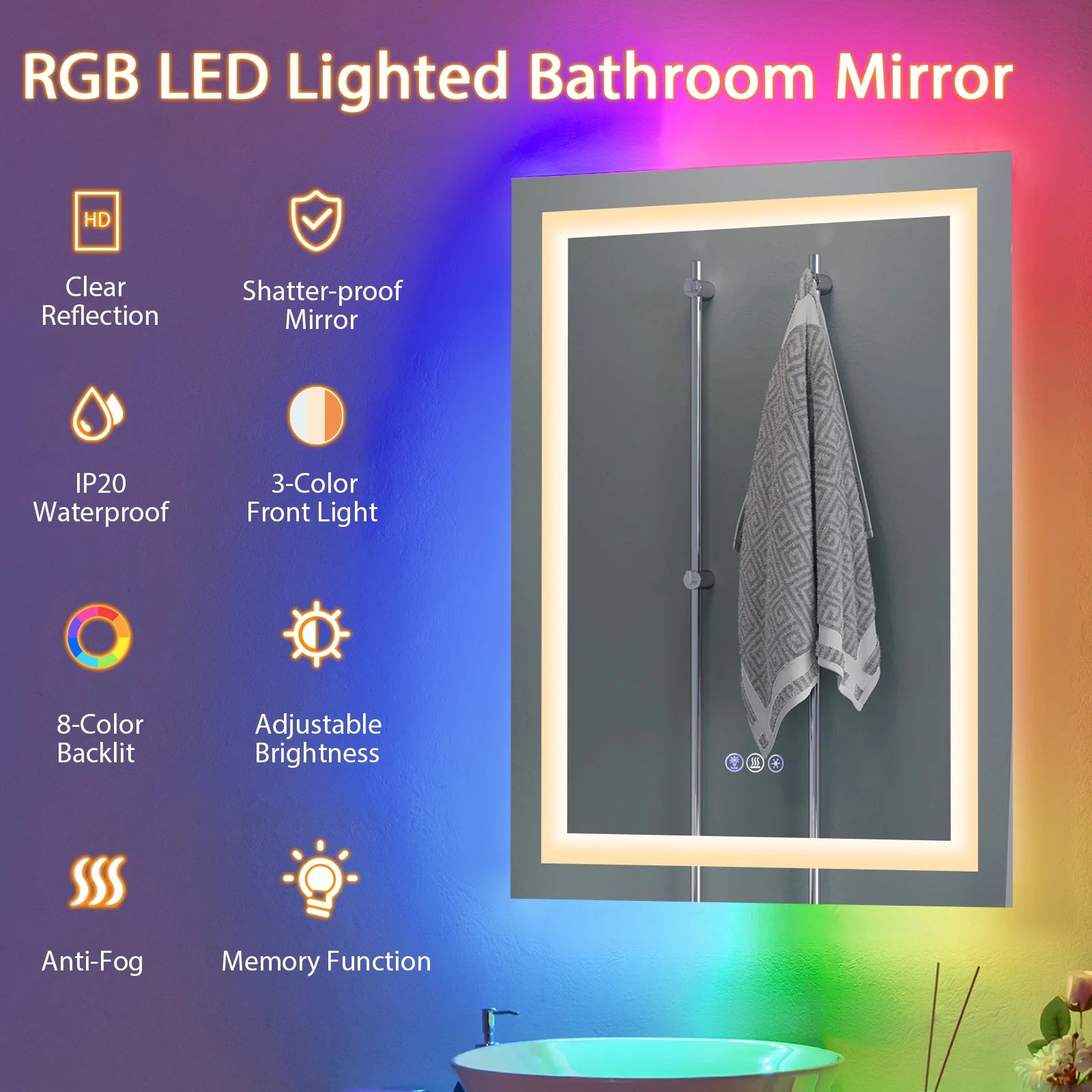 Costway 32'' x 24'' Bathroom Wall Mirror Makeup Mirror with Colorful Light Anti-Fog