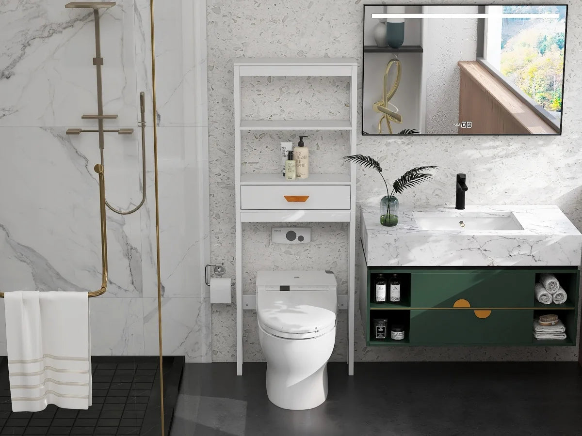 Over The Toilet Storage Cabinet with Drawer and 2 Shelves,Bathroom Space Saver Storage Rack,Toilet Shelf Organizer,White